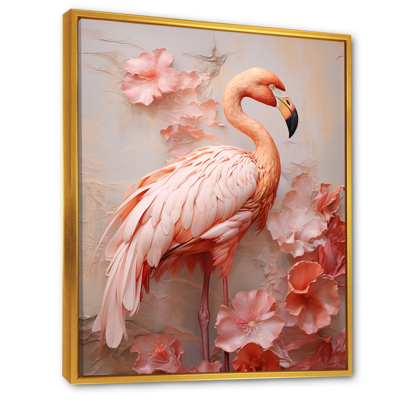 «Pink Flamingo Paradise», reproduction sur toile, Cadre flottant doré, H 32 po x l 16 po x P 1 po