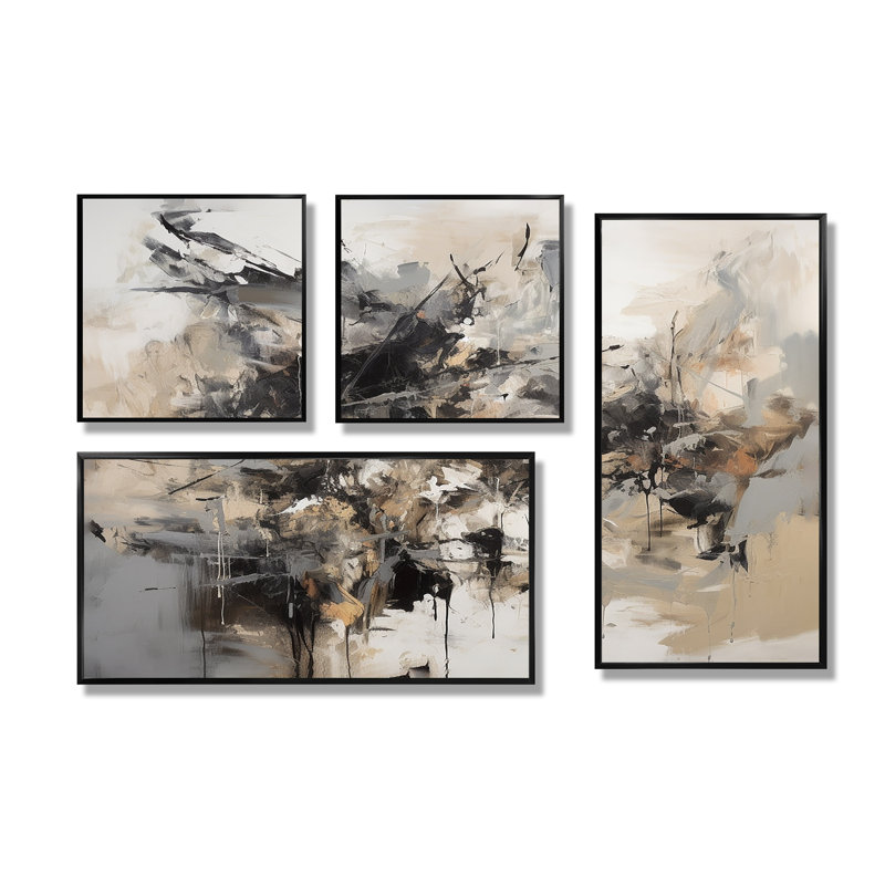 «Grey Black Inner Worlds of Marble III», art mural moderne sur toile 4 pièces, Impression encadrée sans passe-partout, Noir