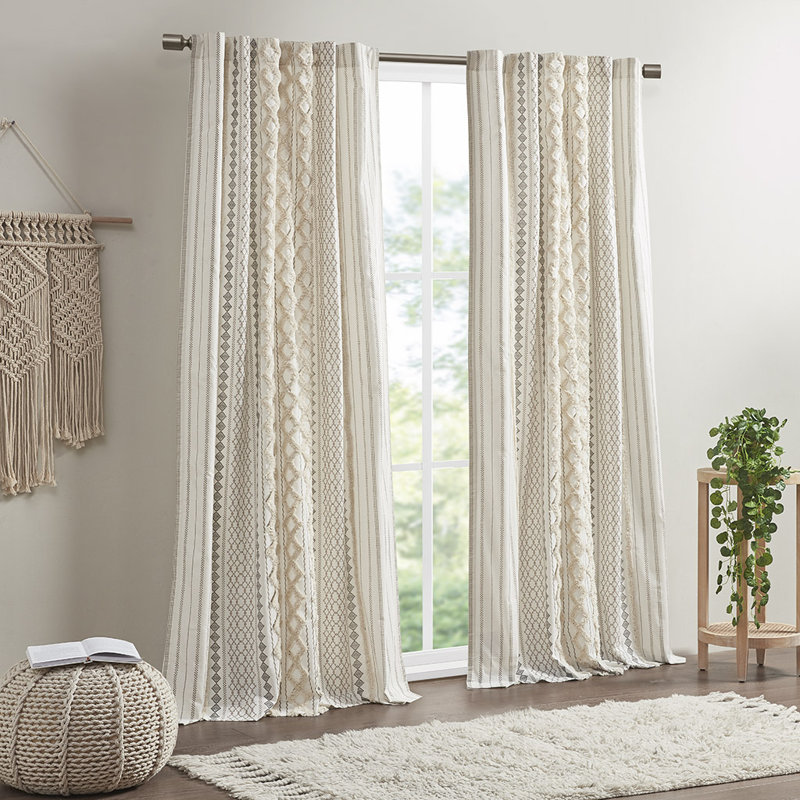 50x84"Room Darkening Cotton Curtain Panel with Chenille Stripe, Back Tab & Rod Pocket, Ivory