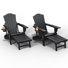 Black Outdoor HDPE Folding Adirondack Chair with Retractable Ottoman and Cup Holder (Set of 2)