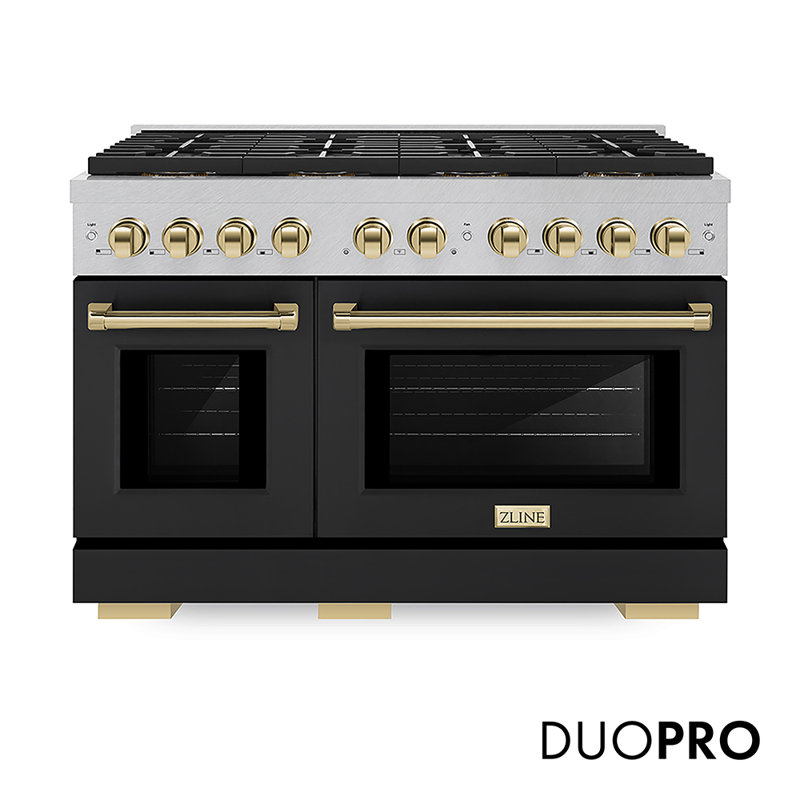 ZLINE Autograph Edition 48 in. 6.7 cu. ft. Paramount Dual Fuel Range W/ 8 Burner DuoPro Cooktop and Dual Ovens in Satin Stainless Steel W/ Black Matte Doors and Polished Gold Accents