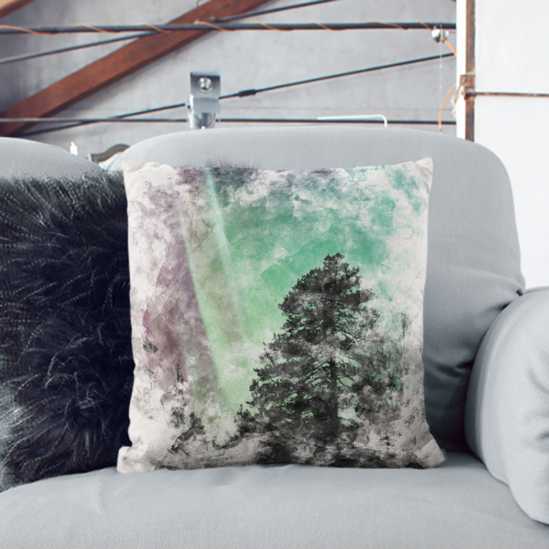 Northern Lights over the Forest Watercolour Cushion with Filling, 55cm H x 55cm W x 20cm D, Stone