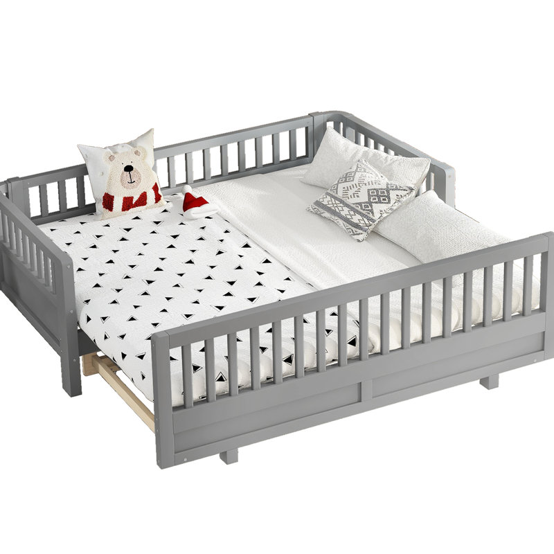 Lit plateforme simple, convertible en lit simple double, ton gris élégant et pin, structure sécuritaire pour lit d'invité, contreplaqué de pin, bords arrondis lisses, outils d'assemblage fournis