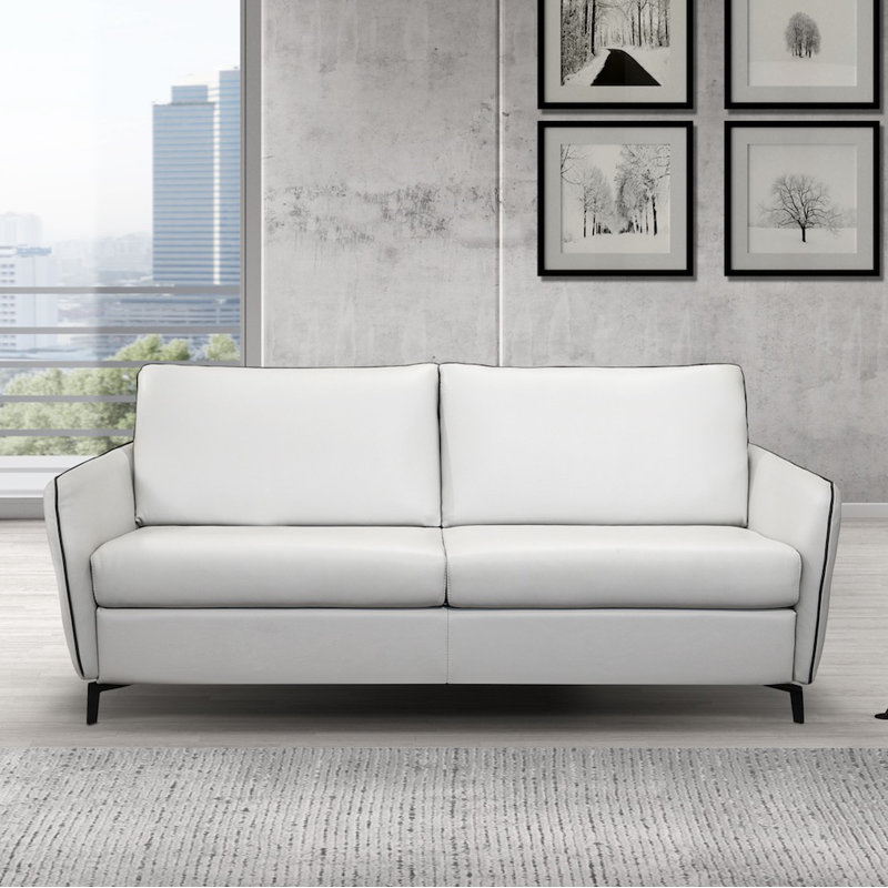 72.9" Genuine Leather Round Arm Sofa Bed, Light Gray Genuine Leather