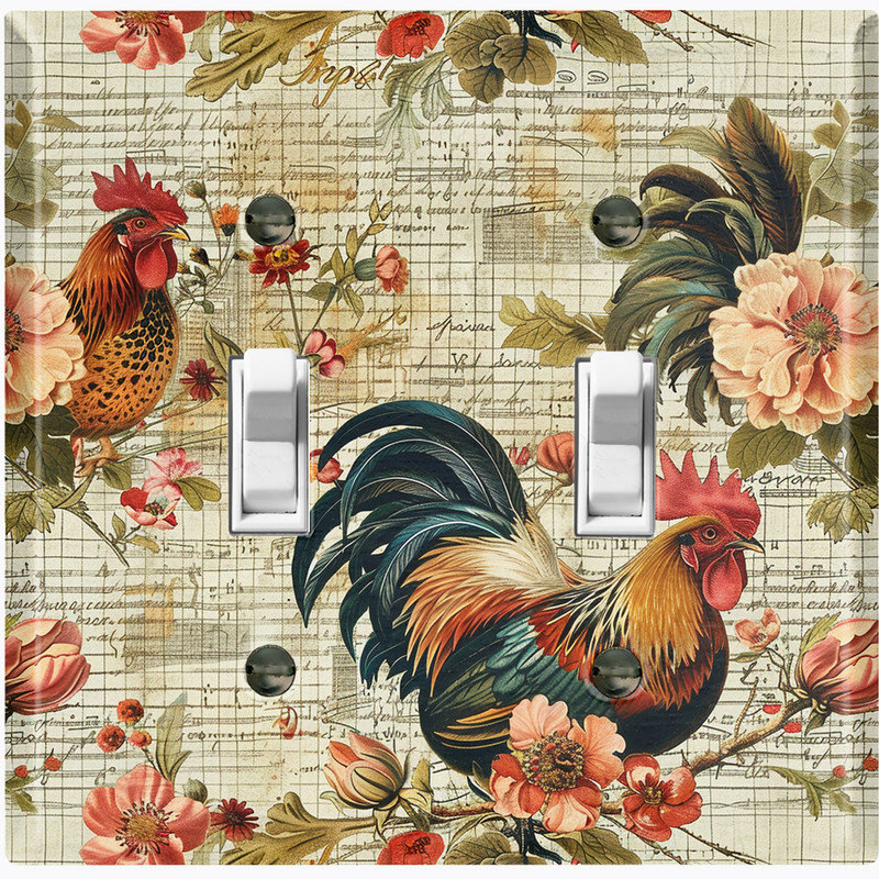 Couvercle de plaque d'interrupteur en métal; Bascule de coq standard 2 US - feuillage de coq, Levier double