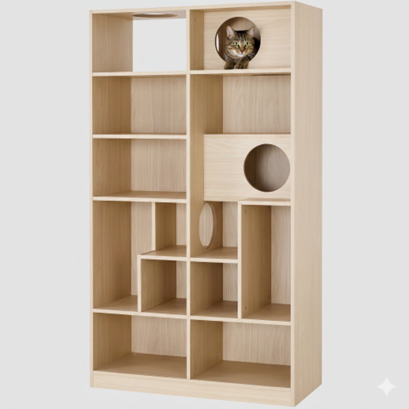 Meuble pour chat moderne combinant une bibliothèque en bois et une maison pour chat, comprenant une vitrine avec rangement, une enceinte de litière pour chat et une tablette d'escalade.