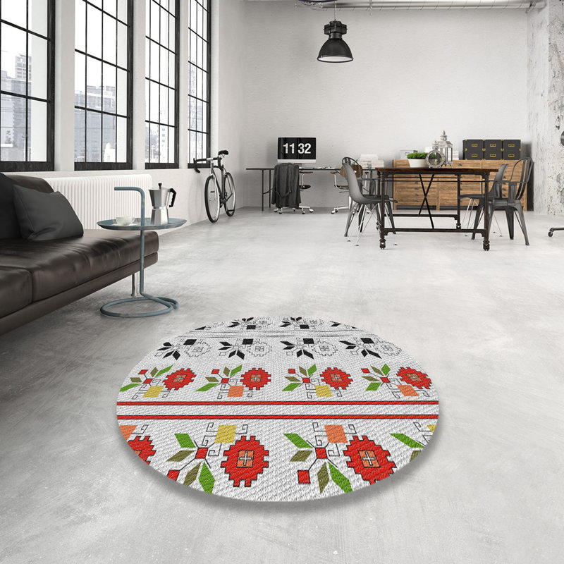 Tapis rouge à motif floral, Rond 6 pi
