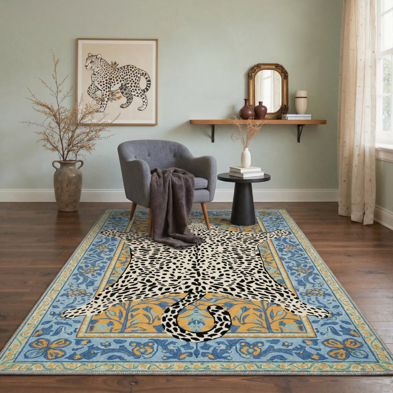 Alinda Savanna Animal Print Machine Washable Blue / Yellow / Beige Indoor Area Rug with Non-Slip Backing, Round 5'