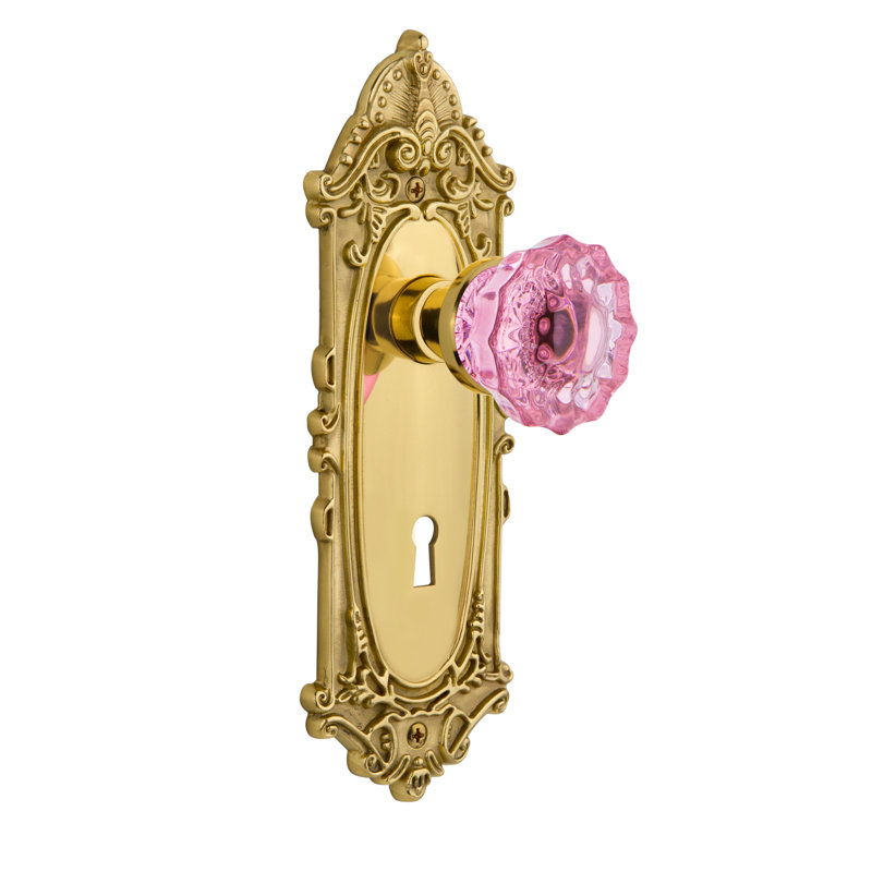 Victorian Plate with Decorative Keyhole and Crystal Pink Door Knob, 2 3/4, Polished Brass