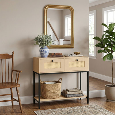 Console d'entrée en rotin Boho avec 2 tiroirs de rangement en rotin tissé et tablette ouverte