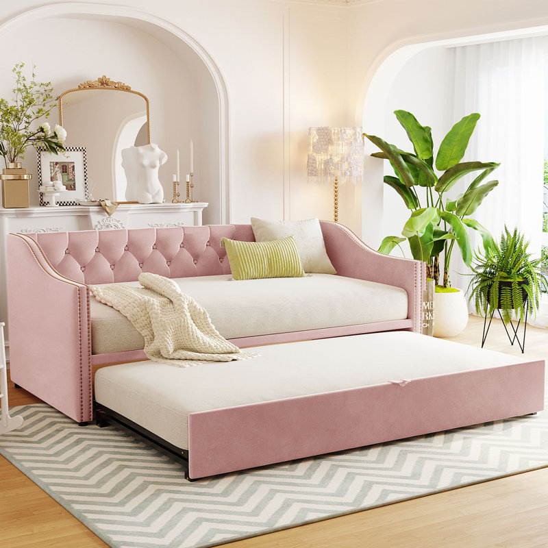 Upholstered Daybed With Pull-Out Trundle Bed, Pink