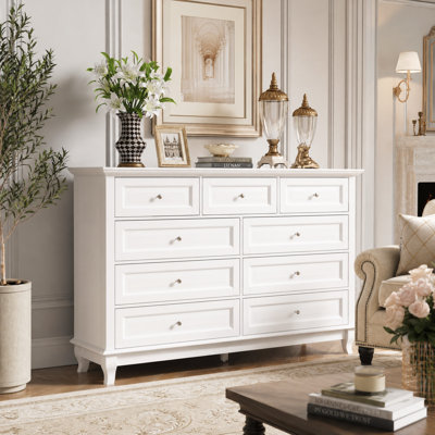 Commode de rangement à 9 tiroirs de 140 cm de large avec glissières métalliques et trousse anti-basculement