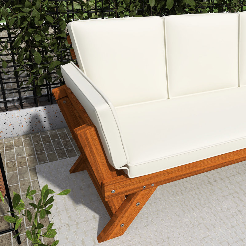 Outdoor Adjustable Acacia Wood Daybed, Beige, Natural