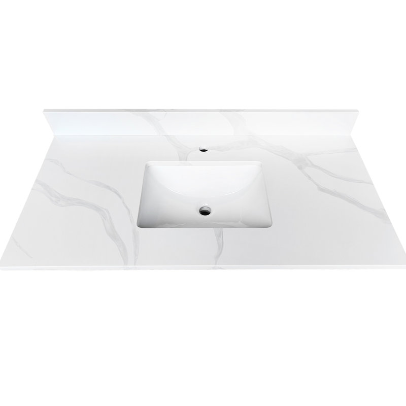 Plateau de meuble-lavabo à quartz de 43 pouces avec lavabo simple encastré, 4 dosserets hauts, 1 trou de robinet pré-percé, idéal pour le remodelage de la salle de bain blanche, le bol One ajoute de l'élégance à