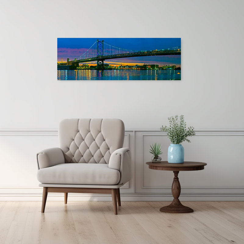 Suspension bridge across a river Ben Franklin Bridge River Delaware Philadelphia Pennsylvania USA 1 Piece Wrapped Canvas Panoramic Wall Art