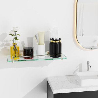 Tablettes de salle de bain en verre, tablettes flottantes en nickel brossé