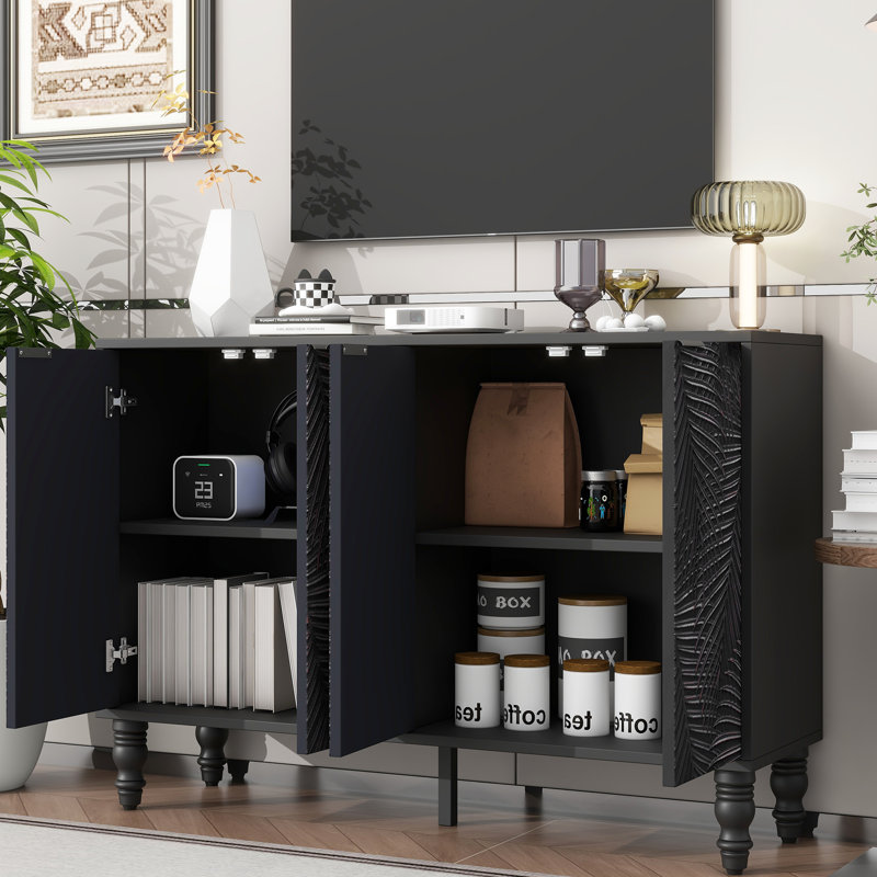 Meuble télé 47,2 po, 2 armoires avec tablettes réglables, pieds en bois massif, noir, armature grillagée jusqu'à 43 po, armoires, 49 po