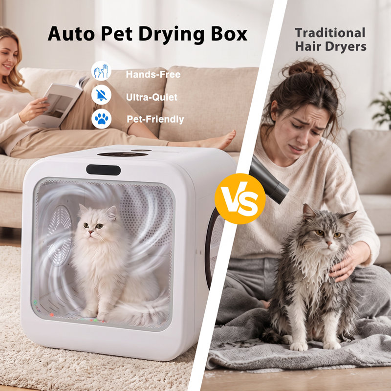 Pet Dryer Box for Cats and Small Dogs, 70L Ultra-Quiet Drying Cabin, Automatic Pet Grooming Dryer with 360°Airflow, Voice Control, 2 Million Negative Ions, Petting Window, Adjustable Speed and Temp