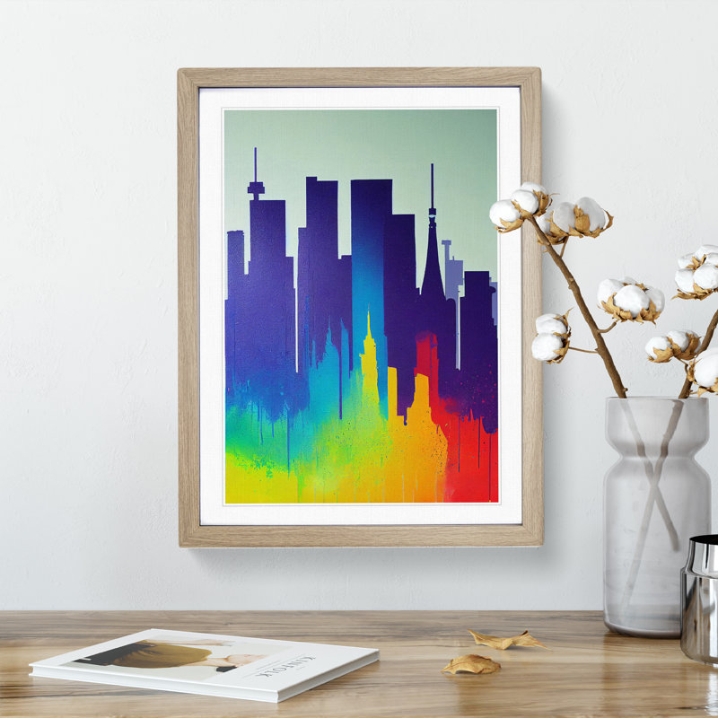 Colourful City Skyline No.5 Abstract - Wall Art, 48cm H x 36cm W, Oak Framed, White