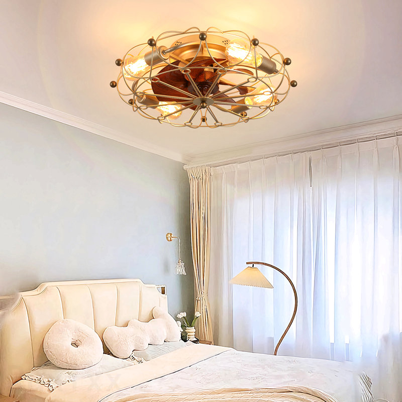 Ventilateur de plafond en cage à profil bas avec télécommande et lumières, ventilateur industriel intégré moderne, Doré