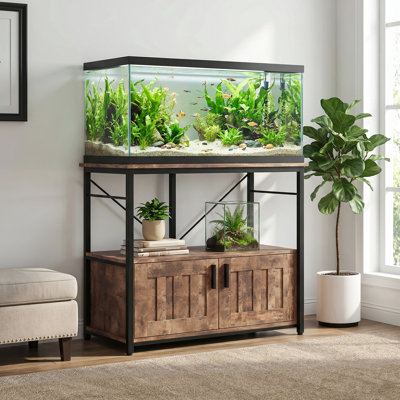 Support d'aquarium de 40 à 50 gallons avec prises de courant, support d'aquarium à cadre en métal avec tablettes de rangement ouvertes et armoire à 2 portes, idéal pour le bureau personnel, 660 lb, brun