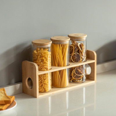 3 pots en verre de 30 oz avec tablette en bambou pour ranger le café moulu, le sucre, les haricots et les grains, les contenants hermétiques pour les noix, les pâtes, la farine et les sachets de thé - idéal pour l'organisation de la cuisine et du gar