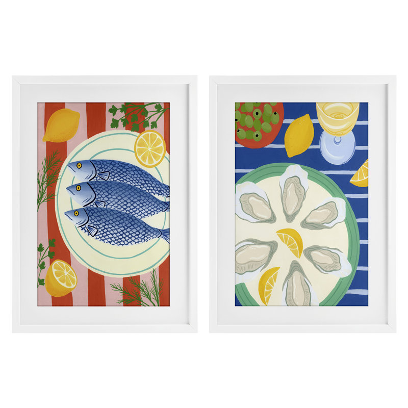 Ensemble de 2 fruits de mer à motif de fruits de mer, impression par Courtney Haley, H 20 po x l 14 po, Cadre blanc côtier