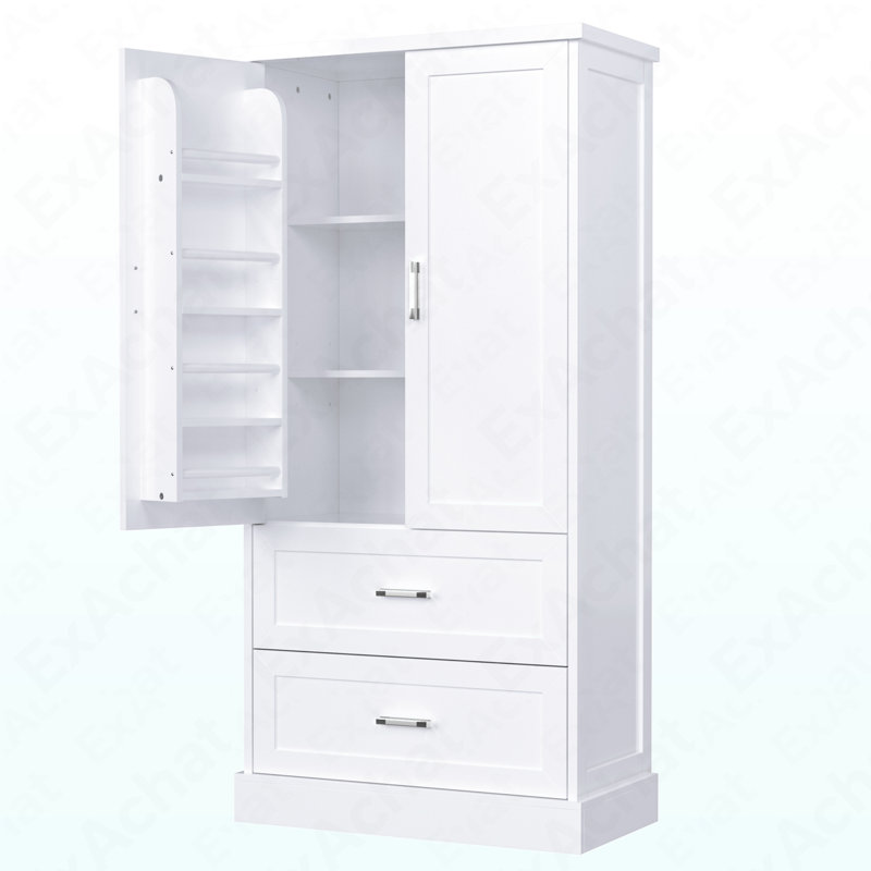 Armoire de rangement haute pour salle de bain, armoire avec deux portes et tiroirs, tablette réglable, panneau de fibres à densité moyenne, blanc