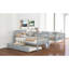 Lit simple superposé au dessus d'un lit gigogne gris, 4 tablettes de rangement, matelas supérieur de 6 po