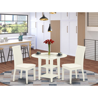 L'ensemble de 3 pièces de table de salle à manger moderne comprend une table ronde en bois avec Dropleaf et des tablettes et 2 chaises de salle à manger en lin, blanc lin