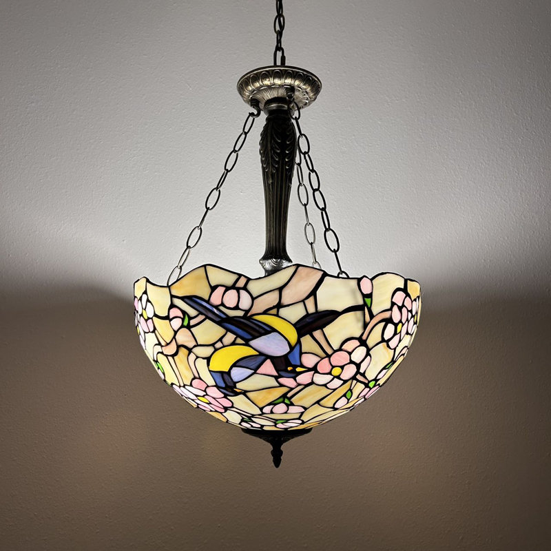 Luminaire suspendu Spires Tiffany vitrail pie oiseau prune Bossom inclus l 16 po x P 16 po x H 60 po