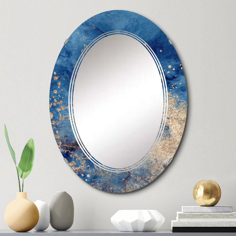 Abstrait classique bleu et or II - miroir mural moderne ovale, 30 po x 20 po