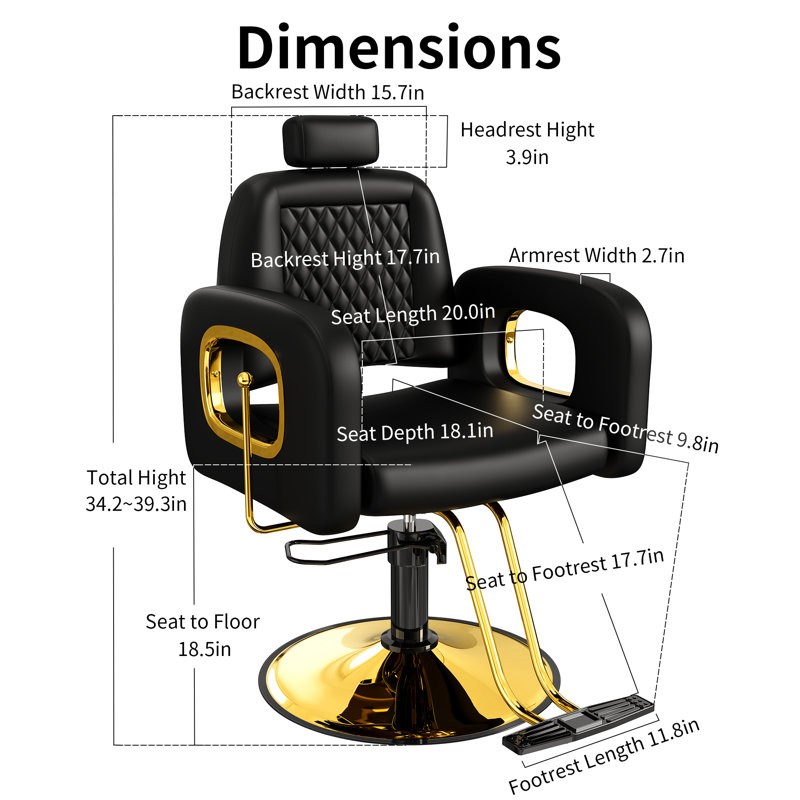 Inbox Zero Comfortable Black Gold Chair For Salon, Adjustable Headrest & Reclining Backrest, Premium Barber Chair With Steel Frame, Stylish Hair Chair With Soft Leather, Weight Capacity 440 Lbs