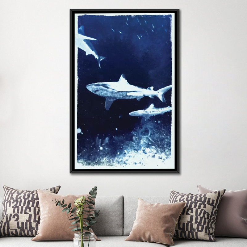 " Indigo Sharks " by 33 Broken Bones, 26" H x 18" W x 1.5" D, No Mat, Black Framed Canvas