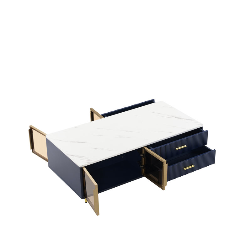 Table basse moderne bleu marine avec 2 portes de rangement en verre, 4 tiroirs, pieds en métal doré pour luxe, éclairage multicolore, ambiance dynamique, pieds rectangulaires de 47,2 po, style, taille et marbre