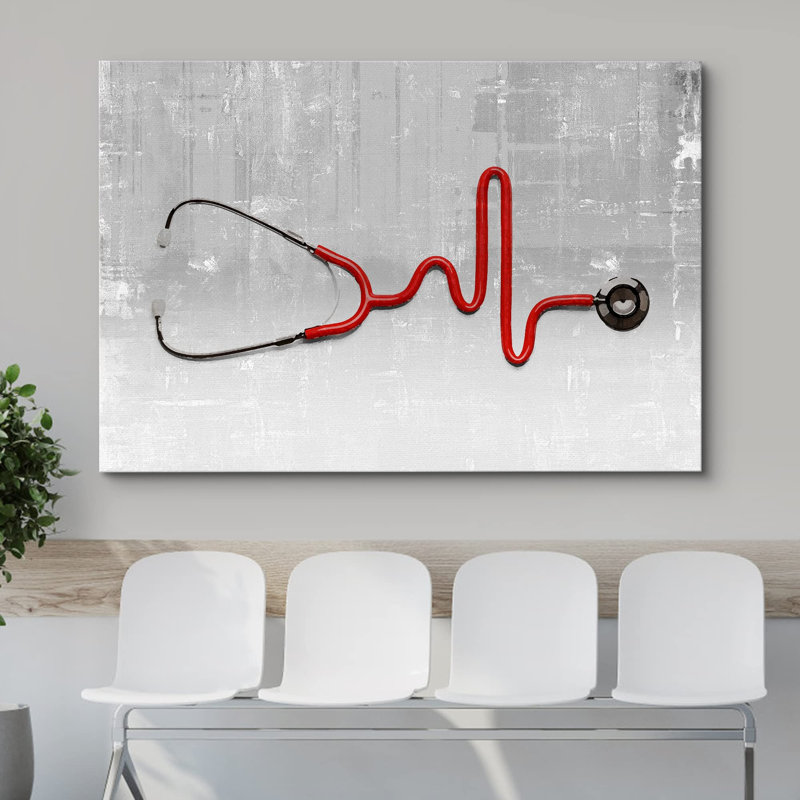 Stéthoscope médical rouge sur fond gris, H 32 po x l 48 po