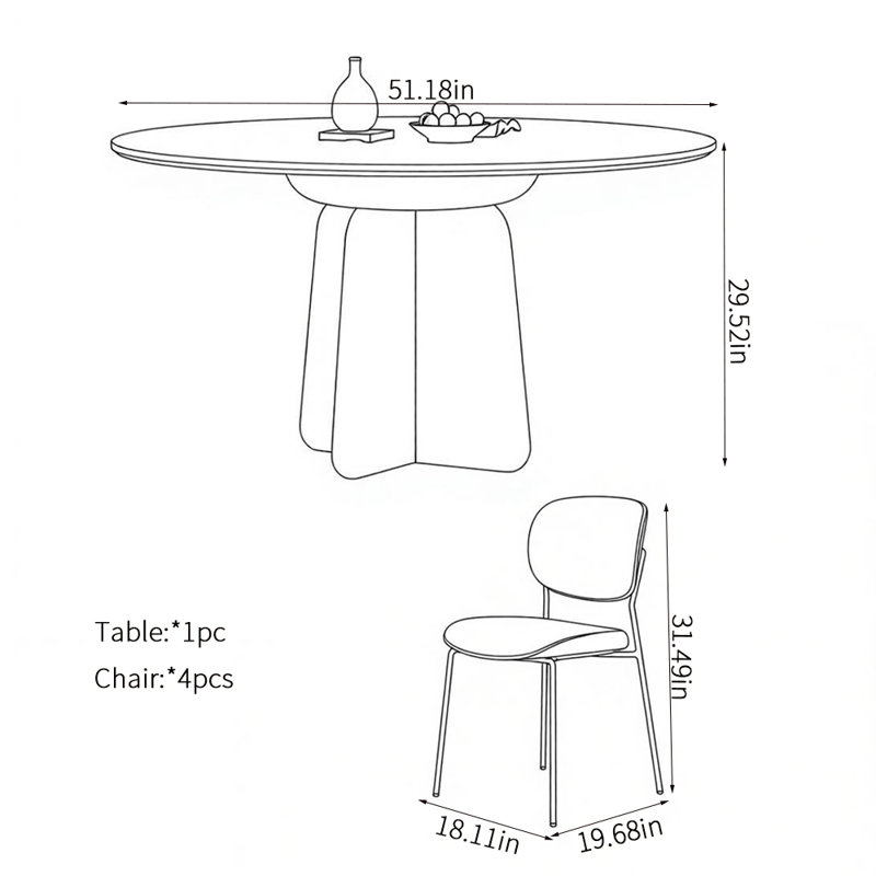 Ensemble de table de salle à manger italien minimaliste, H 29,52 po x l 51,18 po x P 51,18 po