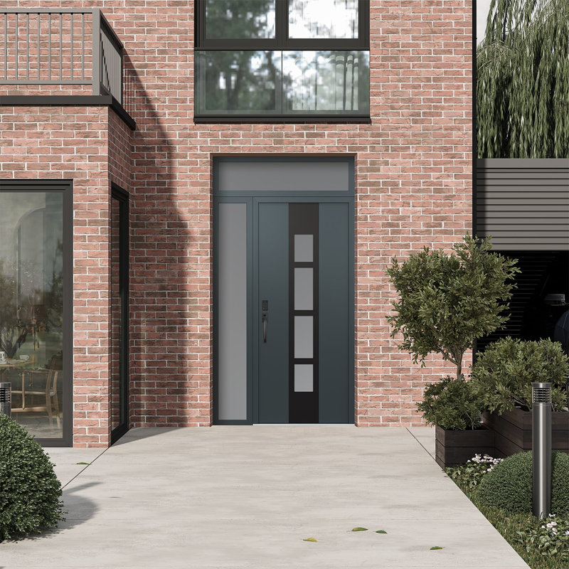Porte d'entrée pré-suspendue en acier à panneau noir Diamond A10 avec panneau latéral et traverse, Droite / vers l'intérieur