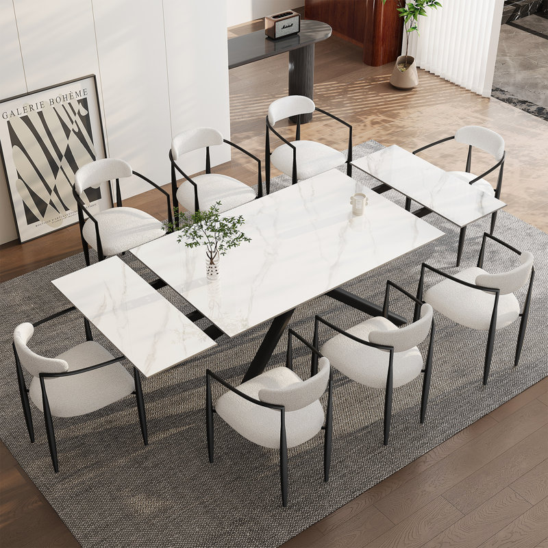 Ensemble de salle à manger rectangulaire avec chaises en tissu 70,8 "à 102,3" Louina, Snow Mountain White, Blanc / noir, 9
