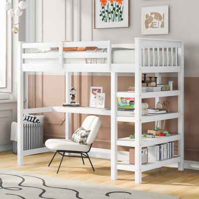 Lit mezzanine avec tablettes de rangement et bureau sous le lit