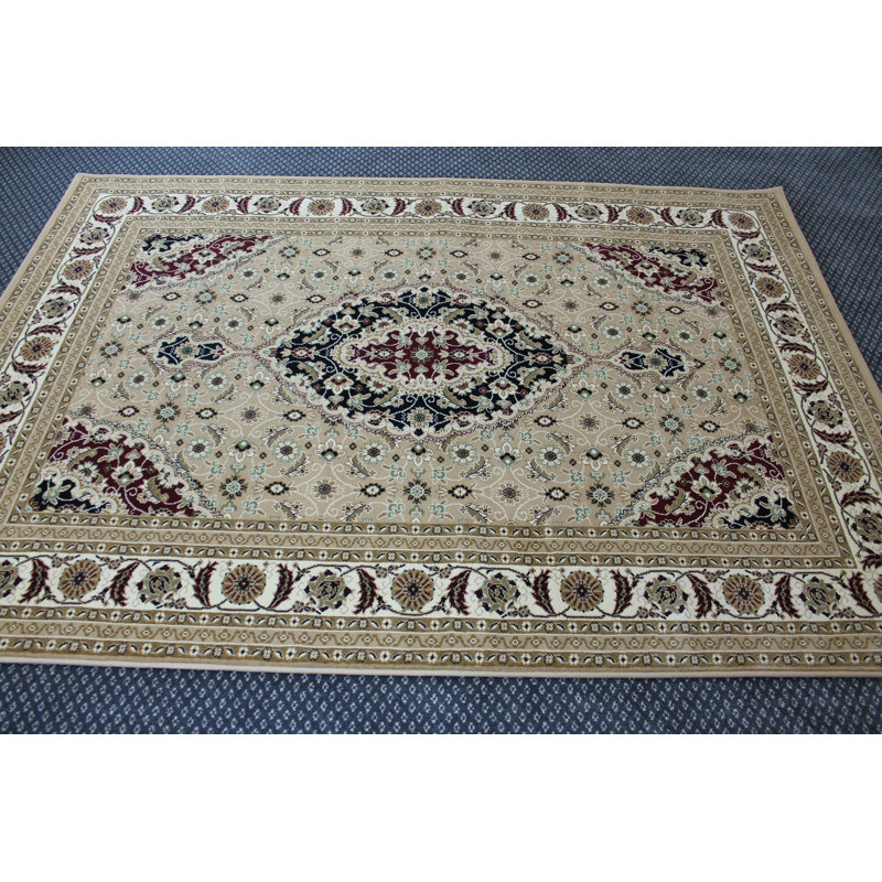 Tapis beige/rouge oriental fait main Claudine, Rectangle 5 pi x 8 pi