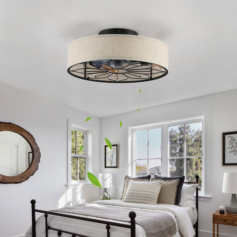Farmhouse Ceiling Fan With Light, 20-Inch Small Caged Fandelier, Low Profile Flush Mount,  Off-White Linen Shade & Sleek Brown Blades, E26 Bulb Base (Bulbs Not Included), Remote Control, For Bedroom Living Room Kitchen