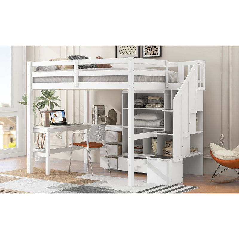 Lit mezzanine double avec bureau en forme de L, tiroirs, armoire et escalier de rangement élégant au design charmant et peu encombrant