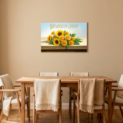 Ensemble de 1 tableau sur toile à motifs floraux de tournesols et de roses dorés