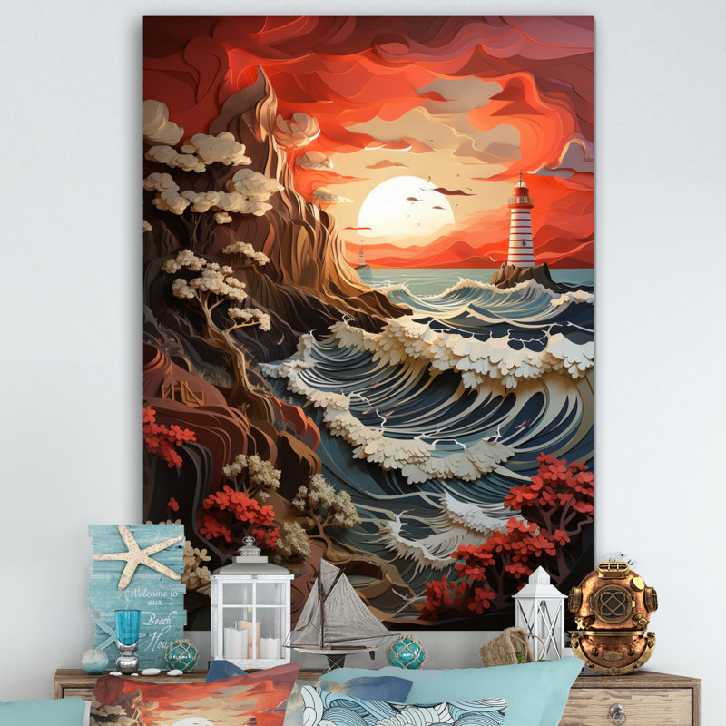 «Coastal Seaside Harmony Papercut», reproduction sur toile, H 32 po x l 16 po x P 1 po, Toile tendue