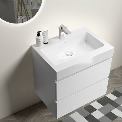 Meuble-lavabo de 24 po blanc, élégant avec rangement accru, tiroirs silencieux, blanc pré-assemblé - 24 po, fixé au mur pour un résultat optimal