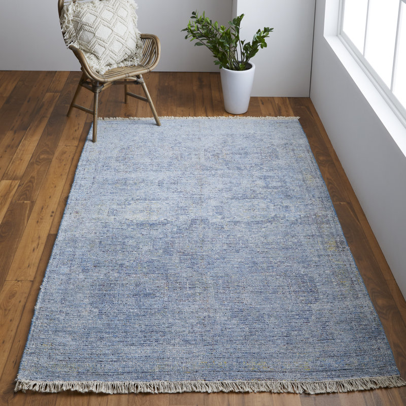 Tapis en laine noué à la main beige / viscose / gris clair / bleu classique Auni, Rectangle 3 pi 6 po x 5 pi 6 po