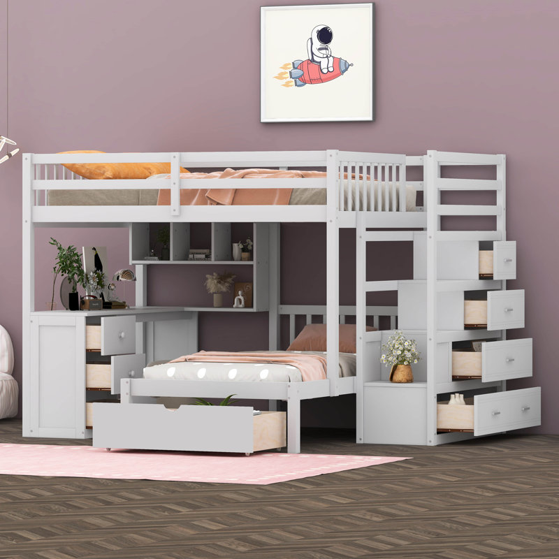 Jarid Full over Twin 8 Drawer Solid Wood Futon Bunk Bed with Bookcase , White