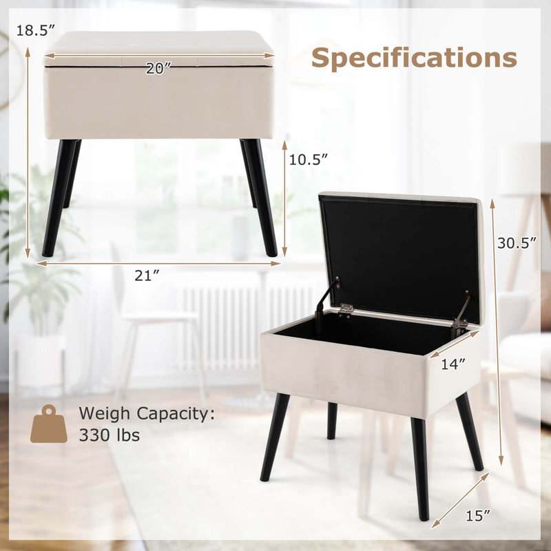 2 Pcs Velvet Vanity Stool Ottoman With Storage Solid Wood Legs Flip-up Top, Beige