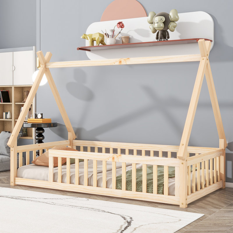 Rusnak Twin Tent Bed Kid Floor Bed Standard Platform Bed, Natural